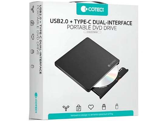 COTECi USB 2.0 + Type-C Dual Interface Mobile DVD Burning Optical Drive - Black